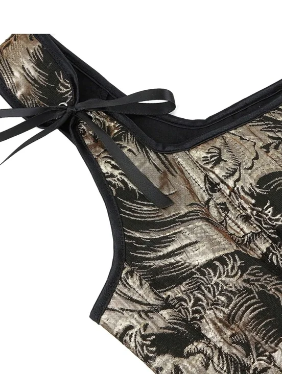 Black and Gold Renaissance Corset Top for Women Floral Lace Up Overbust Bustier - Picture 5 of 5